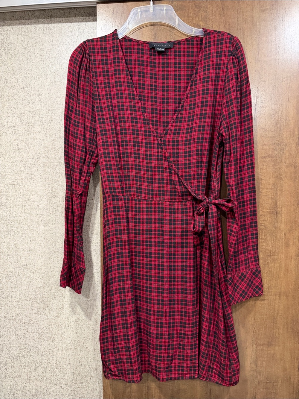 Sanctuary Red Plaid Long-Sleeve Wrap Dress